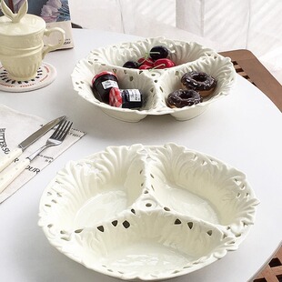 法式 外贸出口 复古浮雕镂空分格陶瓷水果点心分格盘 Garden Annie