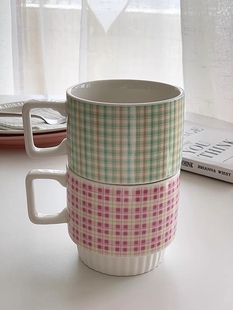 韩国ins小清新格子陶瓷杯麦片咖啡马克杯 大厂订单 Annie Garden