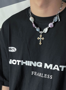 复古小众设计天然异形珍珠镶钻嘻哈男女项链十字架吊坠个性现货