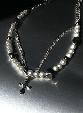 痞帅新款春甜酷风反光珍珠十字架项链女ins嘻哈男潮锁骨链