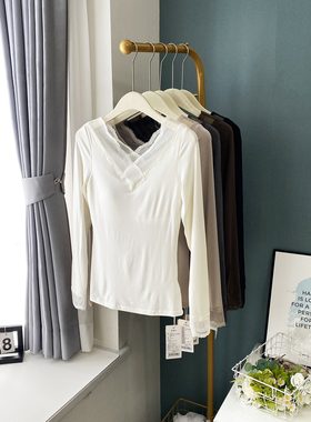 19169升级版带内杯免穿内衣长袖打底上衣性感时尚前后蕾丝V领美背