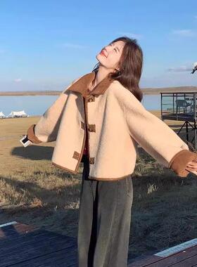 双面穿羊羔毛外套女秋冬季美拉德咖色时尚气质加厚短款麂皮绒上衣