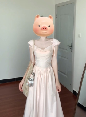 粉色甜美气质系带显瘦连衣裙女2025夏季新款法式褶皱设计感长裙子