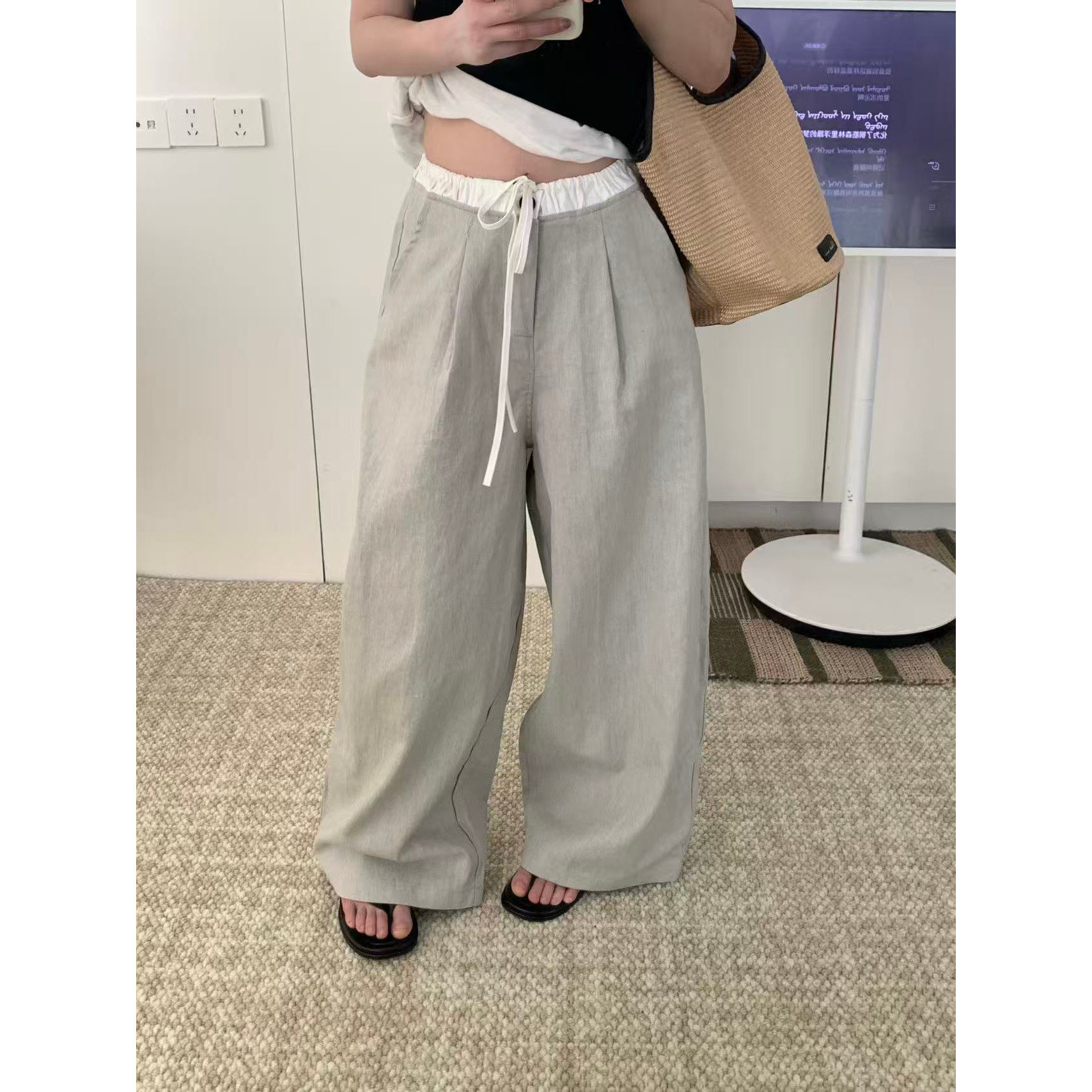 韩系松弛感高腰垂坠阔腿休闲裤