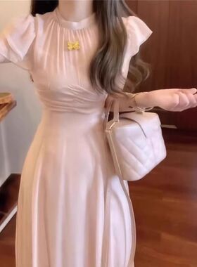 法式高级御姐风粉色雪纺飞飞袖连衣裙子女夏2025新款气质收腰长裙