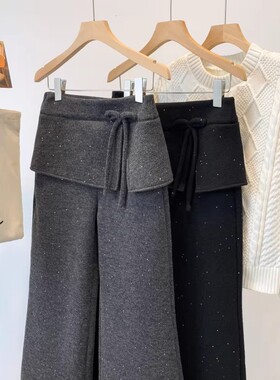 灰色亮片加绒屁帘阔腿裤女秋冬新款高腰显瘦加厚保暖休闲运动卫裤