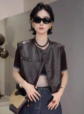韩系小个子短款皮衣马甲外套女秋季2025新款宽松显瘦pu皮坎肩上衣