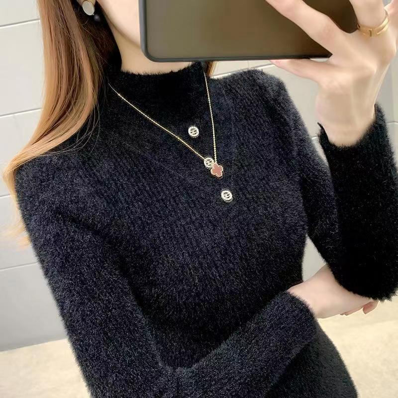 水貂绒女士毛衣2023新款半高领针织衫修身洋气白色秋冬打底衫上衣
