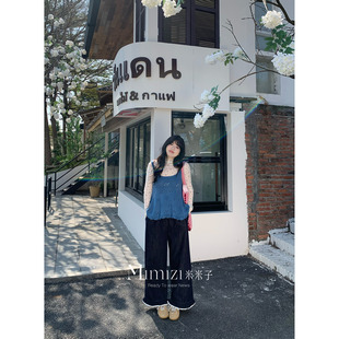 自然腰宽松深蓝色花边牛仔裤 休闲风时尚 女春 胖mm 米米子微胖大码