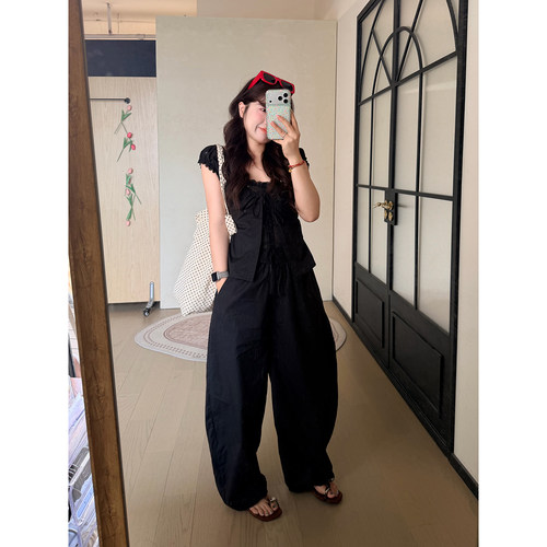 米米子微胖大码胖mm“黑檐少女”时尚气质别致独特休闲黑色套装夏
