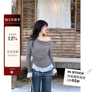 米米子微胖大码胖mm“斜奏灰律”甜美风假两件修身蕾丝拼接上衣冬