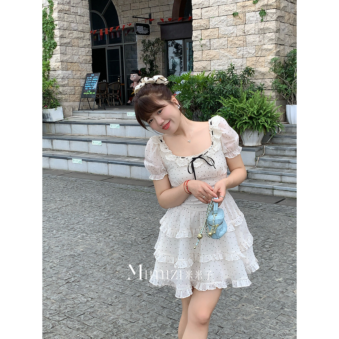 米米子微胖大码胖mm“枕边童话”甜美方领套头蕾丝白色波点公主裙