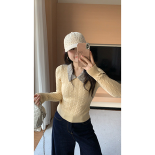 米米子微胖大码胖mm 欧美风翻领套头条纹嫩黄色螺纹针织衬衫长袖