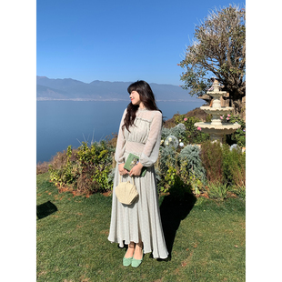 米米子微胖大码胖mm“素禾漫舞”法式宫廷风褶皱立领长袖连衣裙春