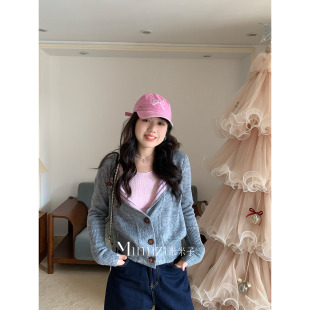 毛衣背心套装 米米子微胖大码 松弛风条纹针织开衫 雾灰拿铁 胖mm