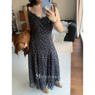 米米子微胖大码胖mm“暮色回响”中古风修身黑色系碎花连衣长裙春