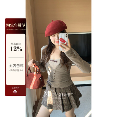 米米子微胖大码胖mm“奈良美纪”通勤风修身假两件蕾丝边上衣女冬