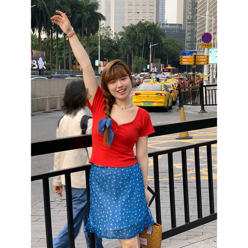 米米子微胖大码胖mm“仲夏花店”甜美清新花色喇叭花裙型半身裙夏