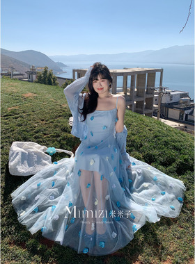 米米子微胖大码胖mm“蓝堇花序”精致甜美无袖手工花吊带连衣裙春