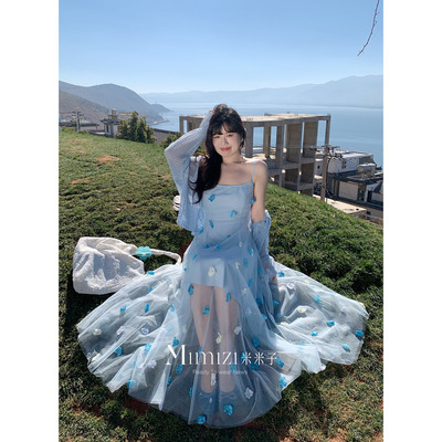 米米子微胖大码胖mm“蓝堇花序”精致甜美无袖手工花吊带连衣裙春