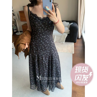 米米子微胖大码胖mm“暮色回响”中古风修身黑色系碎花连衣长裙春
