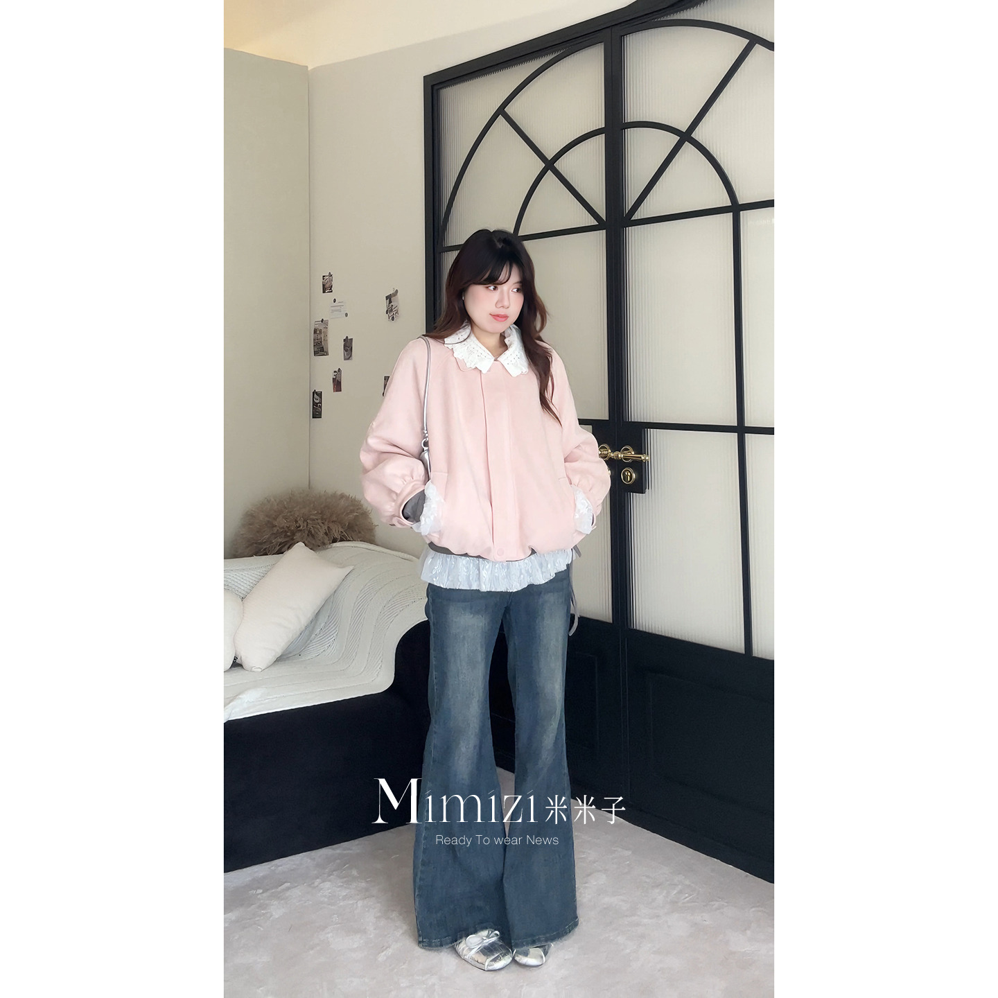 米米子微胖大码胖mm“草莓塔塔”甜美风蕾丝娃娃领拉链长袖棉服冬