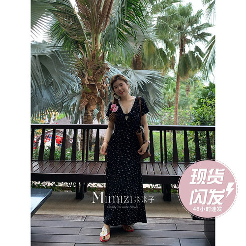 米米子微胖大码胖mm“西西里漫花”优雅气质收腰蕾丝拼接连衣长裙