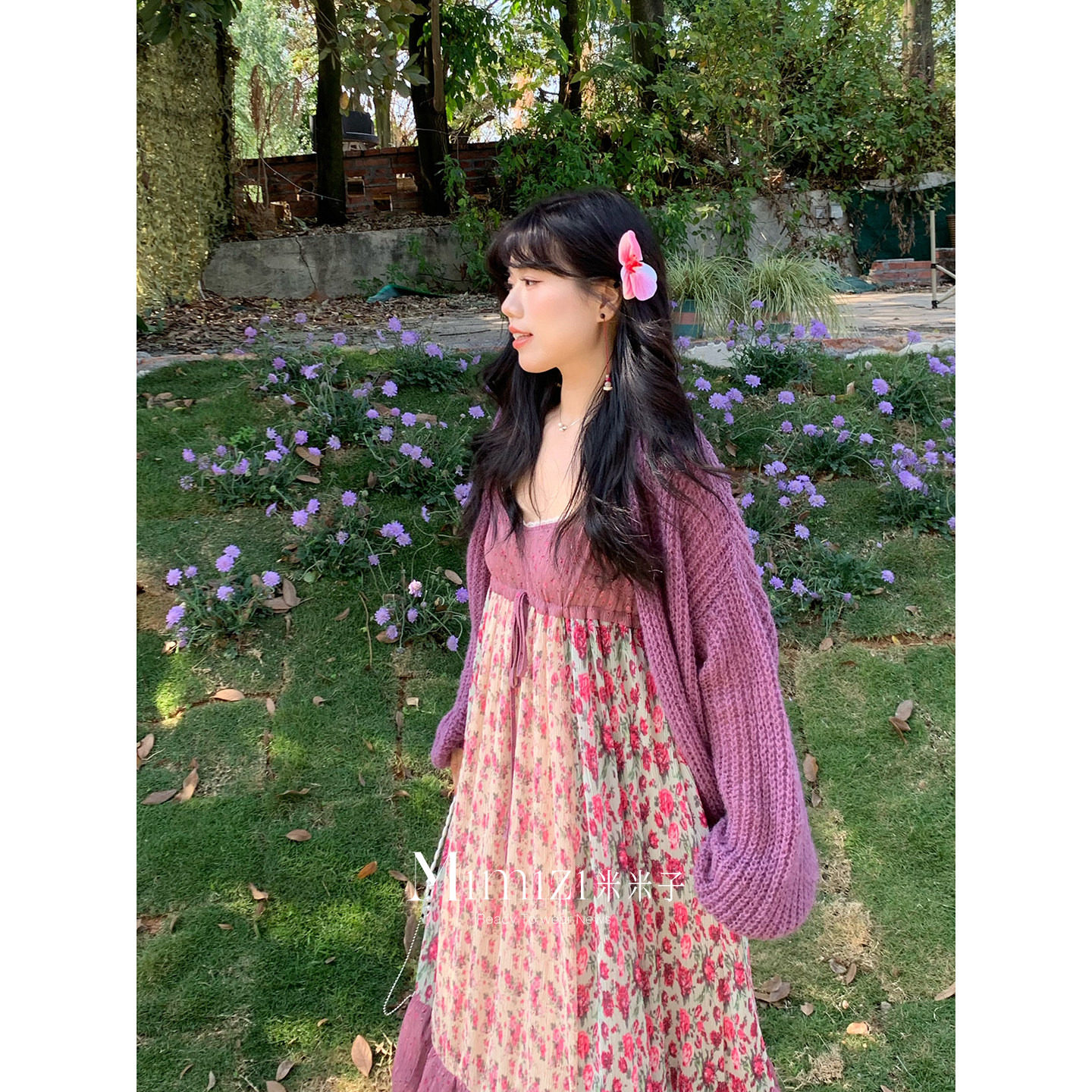 米米子微胖大码胖mm&ldquo;晚樱紫雾&rdquo;温柔风宽松特调粉紫色毛衣开衫春