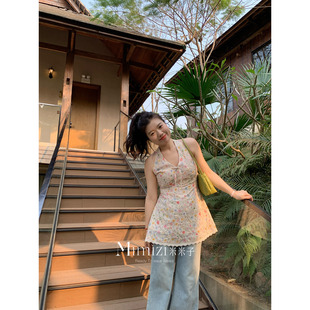 万针绣花彩色无袖 春日碎碎念 挂脖背心上衣 胖mm 米米子微胖大码