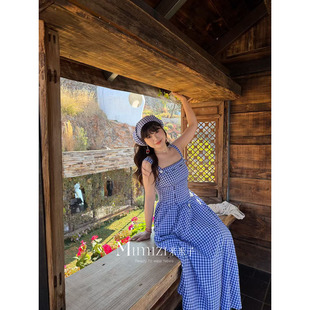 甜美无袖 蓝色幻想曲 宽松蓝格子棉麻长裙春 胖mm 米米子微胖大码