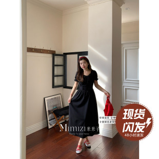 气质方领套头高腰泡泡袖 时尚 收腰纯色连衣裙 胖mm 米米子微胖大码