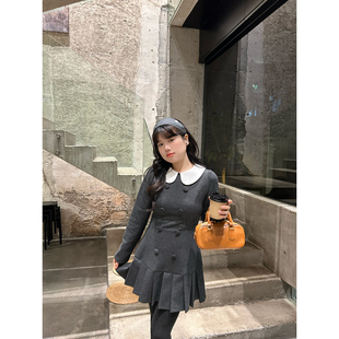 米米子微胖大码胖mm“灰调柏林”甜美修身细格纹娃娃百褶连衣裙冬