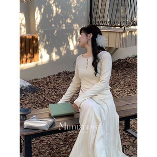 温柔风奶芙芙温柔奶杏针织裙套装 私有月光 胖mm 米米子微胖大码