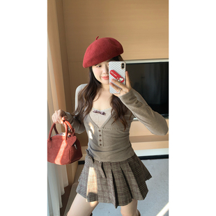 米米子微胖大码胖mm“奈良美纪”通勤风修身假两件蕾丝边上衣女冬