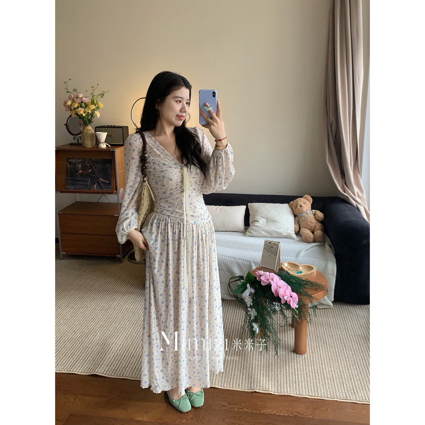 米米子微胖大码胖mm&ldquo;青雾花信&rdquo;法式风du家款设计碎花连衣裙春