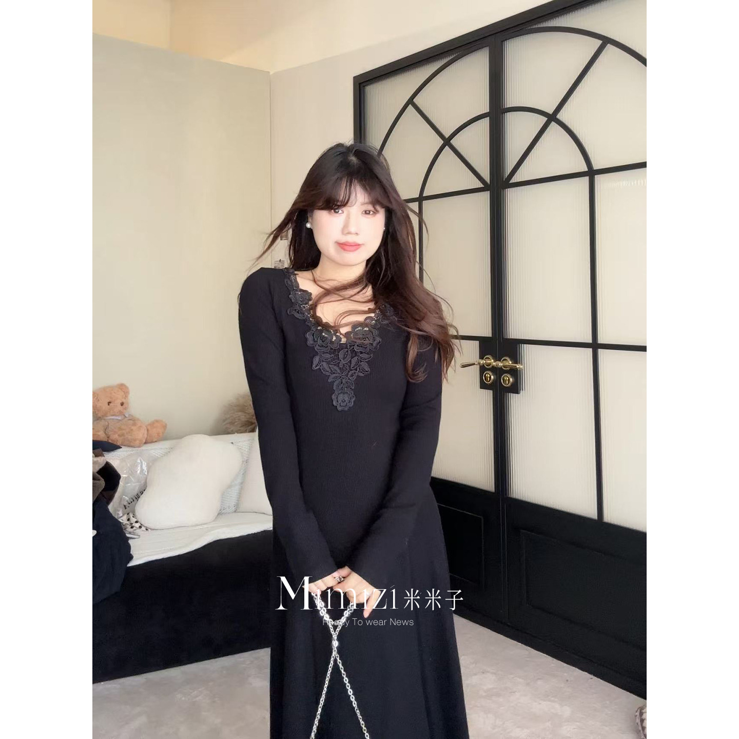 米米子微胖大码胖mm 精致风休闲定制黑色蕾丝长袖针织连衣长裙冬