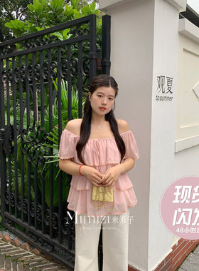 米米子微胖大码胖mm 甜美风泡泡袖宽松粉色小飞袖雪纺花边上衣夏