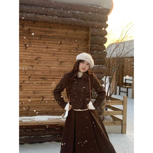 女冬 通勤风摩卡棕翻领双排扣上衣半身裙套装 米米子微胖大码 胖mm