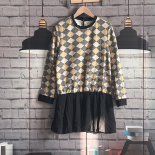 胸围96衣长77格子磨毛拼接长袖 D644 连衣裙圆领花边拼接裙子女春季