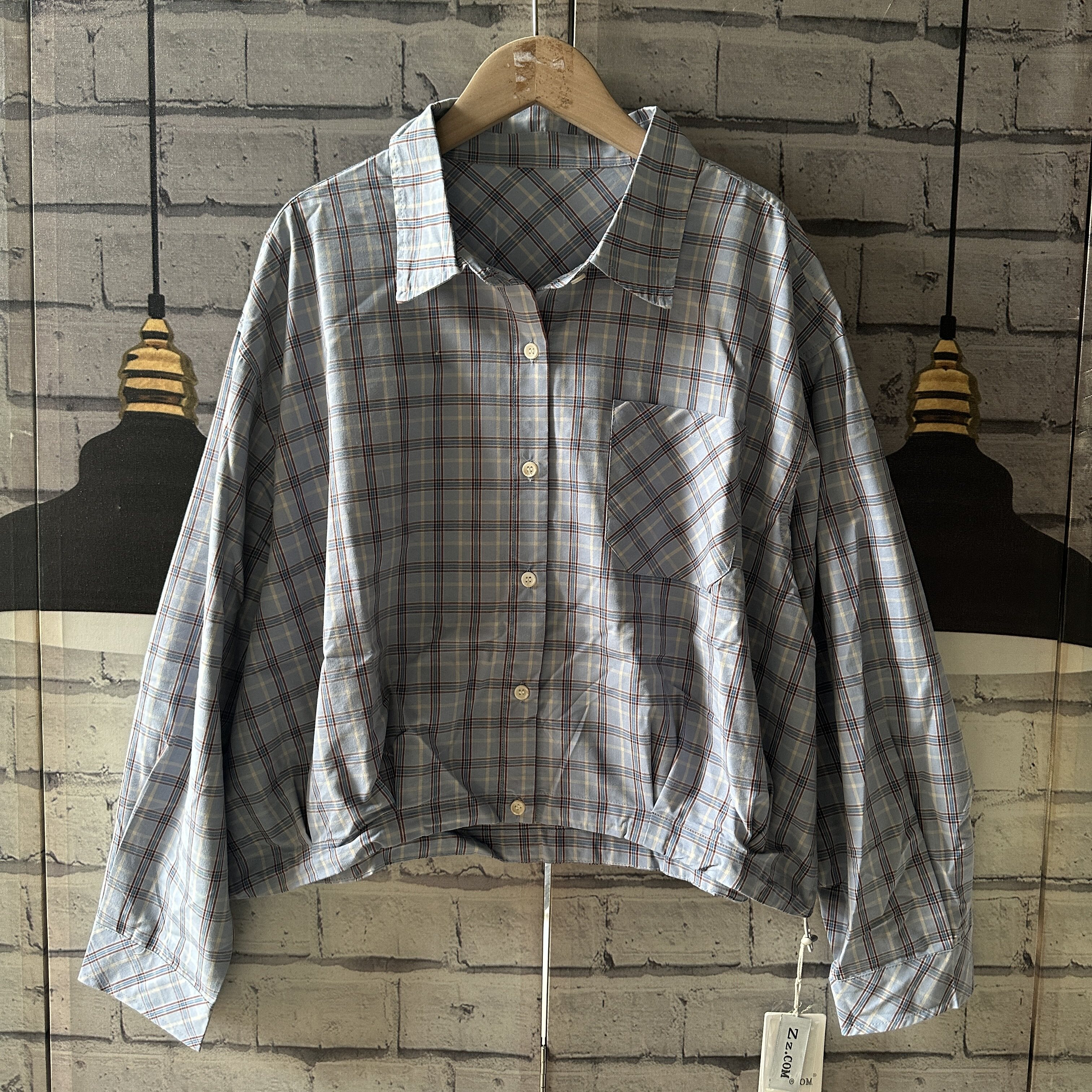 胸围126衣长51左右日系宽松大码格子衬衫长袖宽松衬衫下摆抽绳