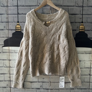 牌子的宽松松软慵懒风新中式暖咖色套头亮片刺绣毛衣长袖C713