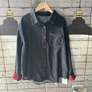 原单宽松大码磨毛绒牛仔衬衫外套女大码女装打底叠穿保暖加绒外套