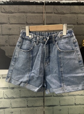 日系原单牛仔偏厚松紧腰春夏季短剧牛仔短裤a C642