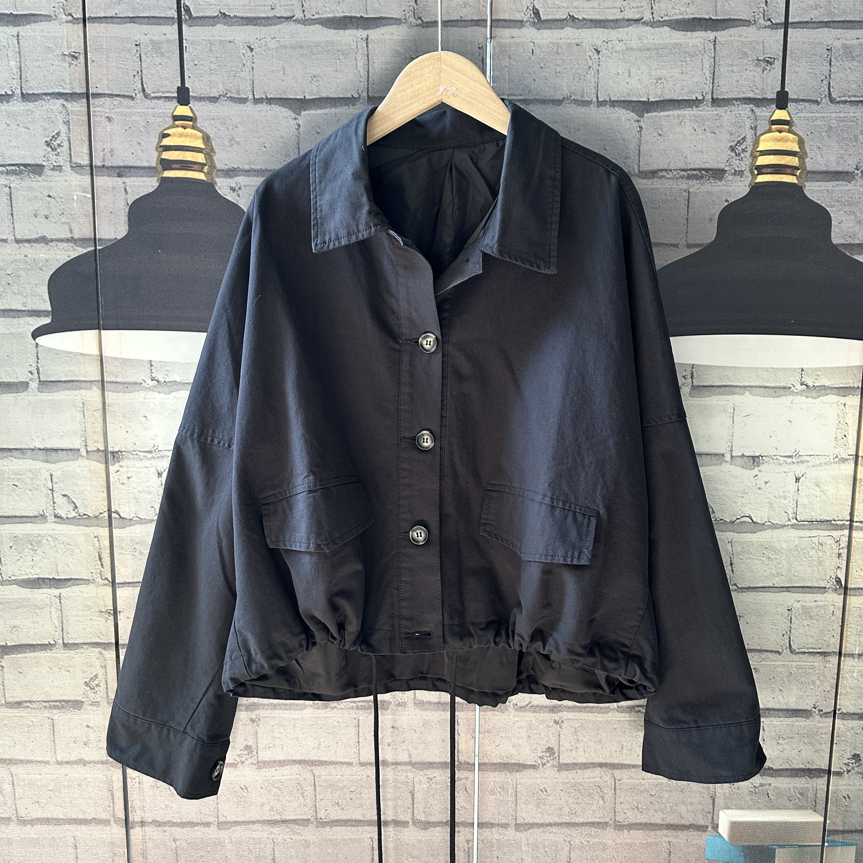 棉连袖72衣长55左右宽松黑色有内衬春秋季风衣外套下摆抽绳大码女