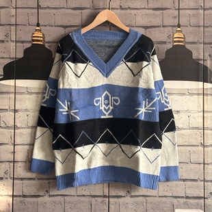 胸围104衣长64加厚套头蓝色提花毛衣女女款 毛衣D551