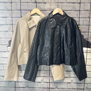 高端大气柔软长袖 偏宽松有内衬超纤pu皮衣外套女