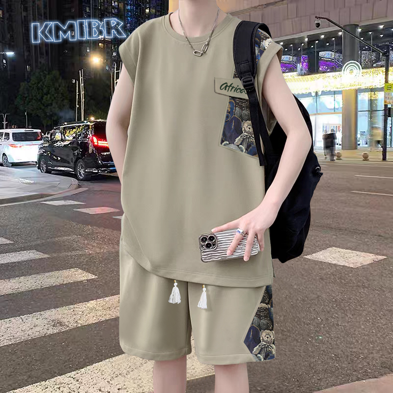 夏季无袖t恤胖男孩12-15岁初中学生背心短裤13青少年大童运动套装