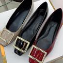 通勤 女百搭方扣浅口真皮低跟酒红色平底四季 2025春新款 方头单鞋