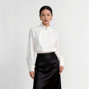 华韵风华·棉衬衫新中式国风立领盘扣女上衣宽松内搭花瓣设计感