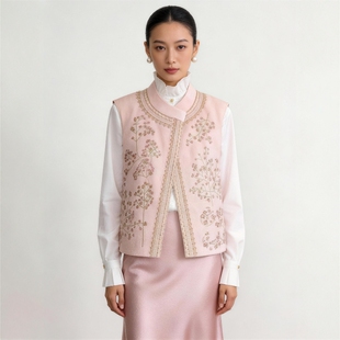 华韵风华华·重工订珠粉色新中式国风马甲女上衣高级感轻奢圆领